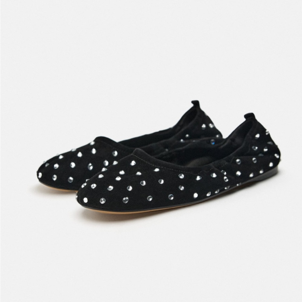 Zara Suede rhinestone black ballet flat 6.5 6 1/2 brand new NIB womens shoes